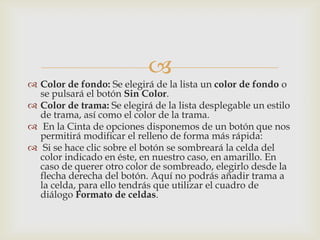 
 Color de fondo: Se elegirá de la lista un color de fondo o
se pulsará el botón Sin Color.
 Color de trama: Se elegirá de la lista desplegable un estilo
de trama, así como el color de la trama.
 En la Cinta de opciones disponemos de un botón que nos
permitirá modificar el relleno de forma más rápida:
 Si se hace clic sobre el botón se sombreará la celda del
color indicado en éste, en nuestro caso, en amarillo. En
caso de querer otro color de sombreado, elegirlo desde la
flecha derecha del botón. Aquí no podrás añadir trama a
la celda, para ello tendrás que utilizar el cuadro de
diálogo Formato de celdas.
 