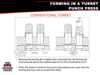 FORMING IN A TURRET PUNCH PRESS Because the forming die is higher than a standard die, the forming die must protrude above the material pass line on the conventional turret When the sheet is moved or the surrounding stations are used, then the forming tool may mark or scratch the sheet CONVENTIONAL TURRET 