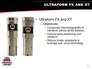 ULTRAFORM FX AND XT Ultraform FX and XT Objectives: Incorporate interchangeability of Ultraform without all the features Improve price positioning over Ultraform Reduce holder complexity to leverage new  press technology  