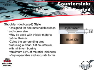 Countersink: Dedicated Shoulder (dedicated) Style Designed for one material thickness and screw size May be used with thicker material but not thinner Coins the surrounding area producing a clean, flat countersink with minimum burring Maximum 85% of material thickness Very repeatable and accurate forms Blank Die Upper Insert 
