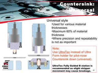 Countersink: Universal Note:  Use  UltraTec  instead of Ultra Form holder for pilot-nose Countersink down (universal).  UltraTec Fully Guided B station is recommended as slight stripper movement may cause breakage. Universal style Used for various material thicknesses Maximum 60% of material thickness Where precision and repeatability is not as important 