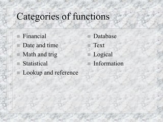 Categories of functions
 Financial
 Date and time
 Math and trig
 Statistical
 Lookup and reference
 Database
 Text
 Logical
 Information
 
