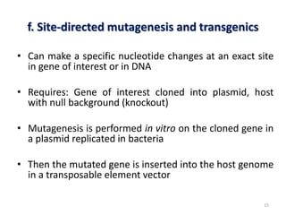 f. Site-directed mutagenesis and transgenics
• Can make a specific nucleotide changes at an exact site
in gene of interest or in DNA
• Requires: Gene of interest cloned into plasmid, host
with null background (knockout)
• Mutagenesis is performed in vitro on the cloned gene in
a plasmid replicated in bacteria
• Then the mutated gene is inserted into the host genome
in a transposable element vector
15
 
