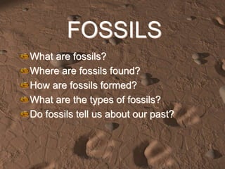 FOSSILS
What are fossils?
Where are fossils found?
How are fossils formed?
What are the types of fossils?
Do fossils tell us about our past?
 