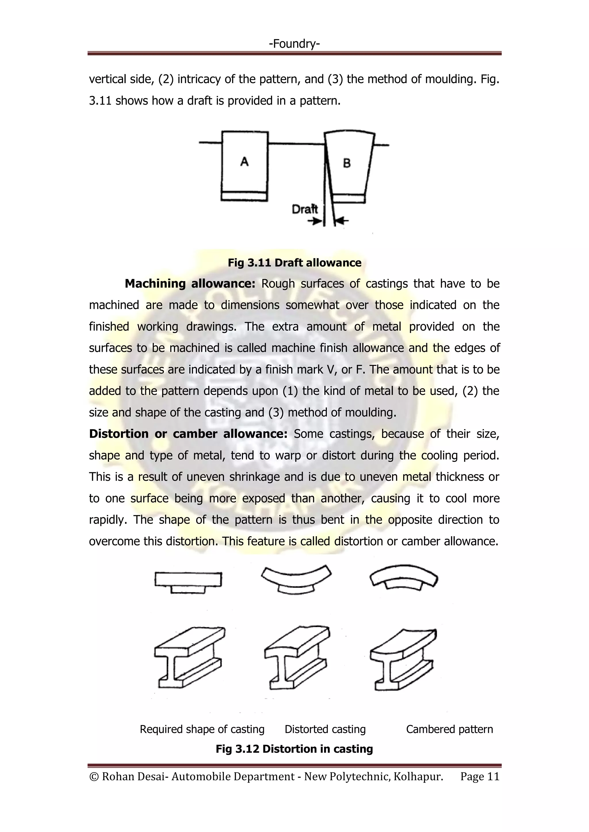 -Foundry-
© Rohan Desai- Automobile Department - New Polytechnic, Kolhapur. Page 11
vertical side, (2) intricacy of the pattern, and (3) the method of moulding. Fig.
3.11 shows how a draft is provided in a pattern.
Fig 3.11 Draft allowance
Machining allowance: Rough surfaces of castings that have to be
machined are made to dimensions somewhat over those indicated on the
finished working drawings. The extra amount of metal provided on the
surfaces to be machined is called machine finish allowance and the edges of
these surfaces are indicated by a finish mark V, or F. The amount that is to be
added to the pattern depends upon (1) the kind of metal to be used, (2) the
size and shape of the casting and (3) method of moulding.
Distortion or camber allowance: Some castings, because of their size,
shape and type of metal, tend to warp or distort during the cooling period.
This is a result of uneven shrinkage and is due to uneven metal thickness or
to one surface being more exposed than another, causing it to cool more
rapidly. The shape of the pattern is thus bent in the opposite direction to
overcome this distortion. This feature is called distortion or camber allowance.
Required shape of casting Distorted casting Cambered pattern
Fig 3.12 Distortion in casting
 