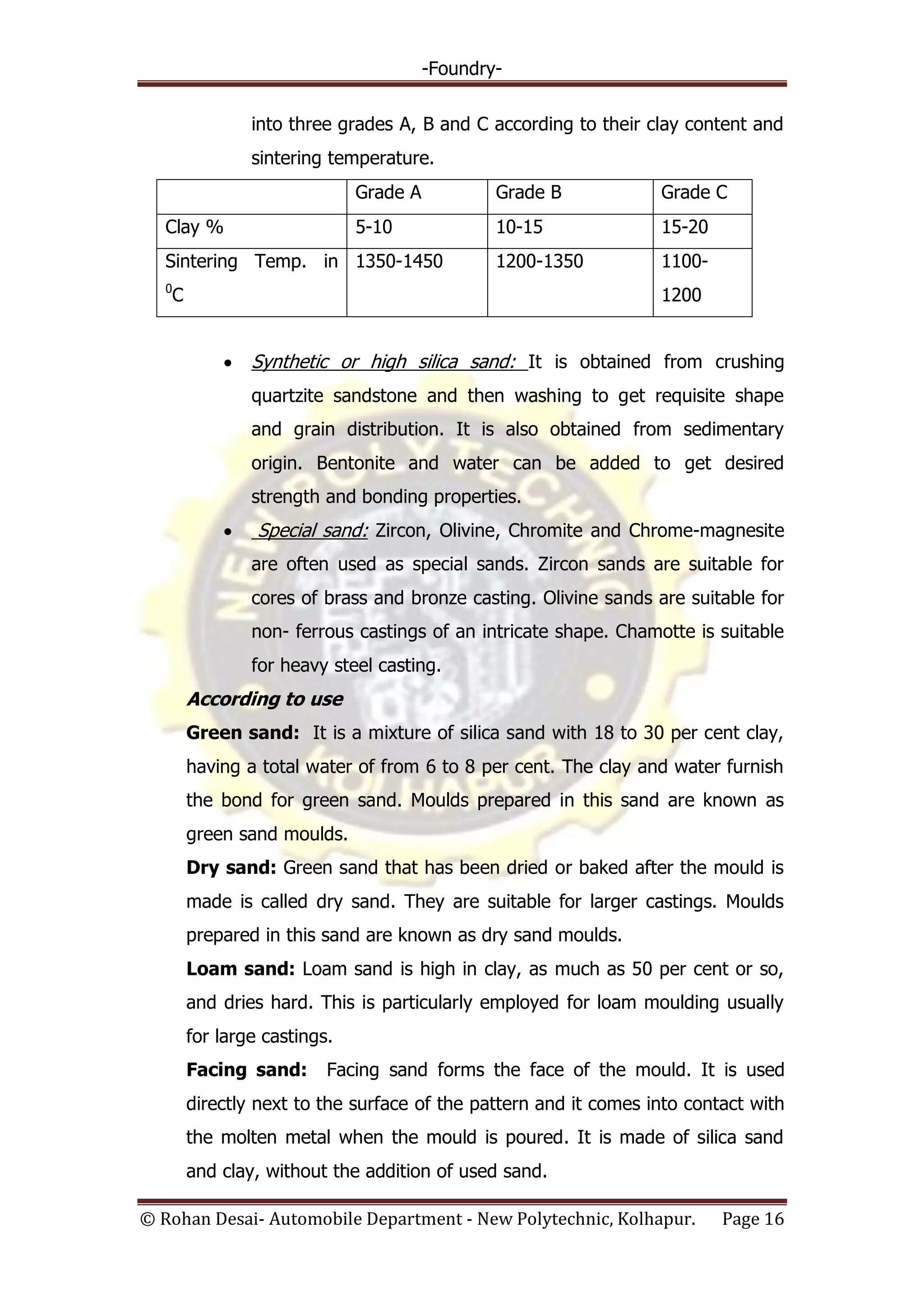 -Foundry-
© Rohan Desai- Automobile Department - New Polytechnic, Kolhapur. Page 16
into three grades A, B and C according to their clay content and
sintering temperature.
Grade A Grade B Grade C
Clay % 5-10 10-15 15-20
Sintering Temp. in
0
C
1350-1450 1200-1350 1100-
1200
Synthetic or high silica sand: It is obtained from crushing
quartzite sandstone and then washing to get requisite shape
and grain distribution. It is also obtained from sedimentary
origin. Bentonite and water can be added to get desired
strength and bonding properties.
Special sand: Zircon, Olivine, Chromite and Chrome-magnesite
are often used as special sands. Zircon sands are suitable for
cores of brass and bronze casting. Olivine sands are suitable for
non- ferrous castings of an intricate shape. Chamotte is suitable
for heavy steel casting.
According to use
Green sand: It is a mixture of silica sand with 18 to 30 per cent clay,
having a total water of from 6 to 8 per cent. The clay and water furnish
the bond for green sand. Moulds prepared in this sand are known as
green sand moulds.
Dry sand: Green sand that has been dried or baked after the mould is
made is called dry sand. They are suitable for larger castings. Moulds
prepared in this sand are known as dry sand moulds.
Loam sand: Loam sand is high in clay, as much as 50 per cent or so,
and dries hard. This is particularly employed for loam moulding usually
for large castings.
Facing sand: Facing sand forms the face of the mould. It is used
directly next to the surface of the pattern and it comes into contact with
the molten metal when the mould is poured. It is made of silica sand
and clay, without the addition of used sand.
 