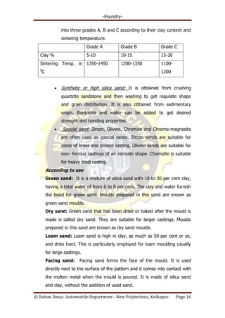 -Foundry-
© Rohan Desai- Automobile Department - New Polytechnic, Kolhapur. Page 16
into three grades A, B and C according to their clay content and
sintering temperature.
Grade A Grade B Grade C
Clay % 5-10 10-15 15-20
Sintering Temp. in
0
C
1350-1450 1200-1350 1100-
1200
Synthetic or high silica sand: It is obtained from crushing
quartzite sandstone and then washing to get requisite shape
and grain distribution. It is also obtained from sedimentary
origin. Bentonite and water can be added to get desired
strength and bonding properties.
Special sand: Zircon, Olivine, Chromite and Chrome-magnesite
are often used as special sands. Zircon sands are suitable for
cores of brass and bronze casting. Olivine sands are suitable for
non- ferrous castings of an intricate shape. Chamotte is suitable
for heavy steel casting.
According to use
Green sand: It is a mixture of silica sand with 18 to 30 per cent clay,
having a total water of from 6 to 8 per cent. The clay and water furnish
the bond for green sand. Moulds prepared in this sand are known as
green sand moulds.
Dry sand: Green sand that has been dried or baked after the mould is
made is called dry sand. They are suitable for larger castings. Moulds
prepared in this sand are known as dry sand moulds.
Loam sand: Loam sand is high in clay, as much as 50 per cent or so,
and dries hard. This is particularly employed for loam moulding usually
for large castings.
Facing sand: Facing sand forms the face of the mould. It is used
directly next to the surface of the pattern and it comes into contact with
the molten metal when the mould is poured. It is made of silica sand
and clay, without the addition of used sand.
 