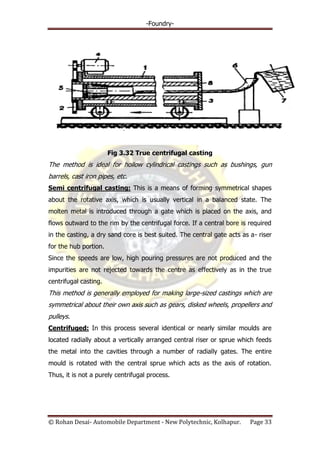 -Foundry-
© Rohan Desai- Automobile Department - New Polytechnic, Kolhapur. Page 33
Fig 3.32 True centrifugal casting
The method is ideal for hollow cylindrical castings such as bushings, gun
barrels, cast iron pipes, etc.
Semi centrifugal casting: This is a means of forming symmetrical shapes
about the rotative axis, which is usually vertical in a balanced state. The
molten metal is introduced through a gate which is placed on the axis, and
flows outward to the rim by the centrifugal force. If a central bore is required
in the casting, a dry sand core is best suited. The central gate acts as a- riser
for the hub portion.
Since the speeds are low, high pouring pressures are not produced and the
impurities are not rejected towards the centre as effectively as in the true
centrifugal casting.
This method is generally employed for making large-sized castings which are
symmetrical about their own axis such as gears, disked wheels, propellers and
pulleys.
Centrifuged: In this process several identical or nearly similar moulds are
located radially about a vertically arranged central riser or sprue which feeds
the metal into the cavities through a number of radially gates. The entire
mould is rotated with the central sprue which acts as the axis of rotation.
Thus, it is not a purely centrifugal process.
 