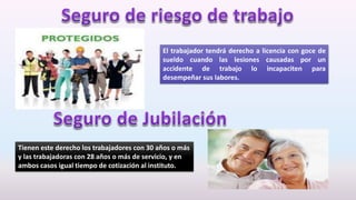 El trabajador tendrá derecho a licencia con goce de
sueldo cuando las lesiones causadas por un
accidente de trabajo lo incapaciten para
desempeñar sus labores.
Tienen este derecho los trabajadores con 30 años o más
y las trabajadoras con 28 años o más de servicio, y en
ambos casos igual tiempo de cotización al instituto.
 