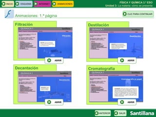 FÍSICA Y QUÍMICA 3.º ESO
INICIO      ESQUEMA    INTERNET     ANIMACIONES
                                                           Unidad 3: La materia: cómo se presenta


                                                                              CLIC PARA CONTINUAR
         Animaciones: 1.ª página

         Filtración                               Destilación




                                  ABRIR                                       ABRIR


         Decantación                              Cromatografía




                                  ABRIR                                       ABRIR




                                                       ANTERIOR       SALIR
 