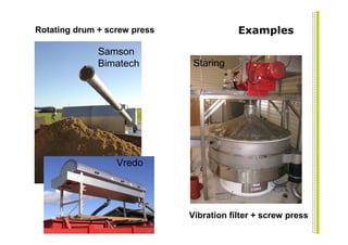 Rotating drum + screw press               Examples

              Samson
              Bimatech         Staring




                  Vredo




                              Vibration filter + screw press
 