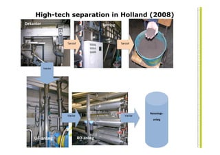High-tech separation in Holland (2008)
Dekanter                                Tørring



                   Tørstof                        Tørstof




           Væske




                                                             Rensnings-
                   Væske                             Væske
                                                               anlæg




    UF-anlæg                 RO-anlæg
 