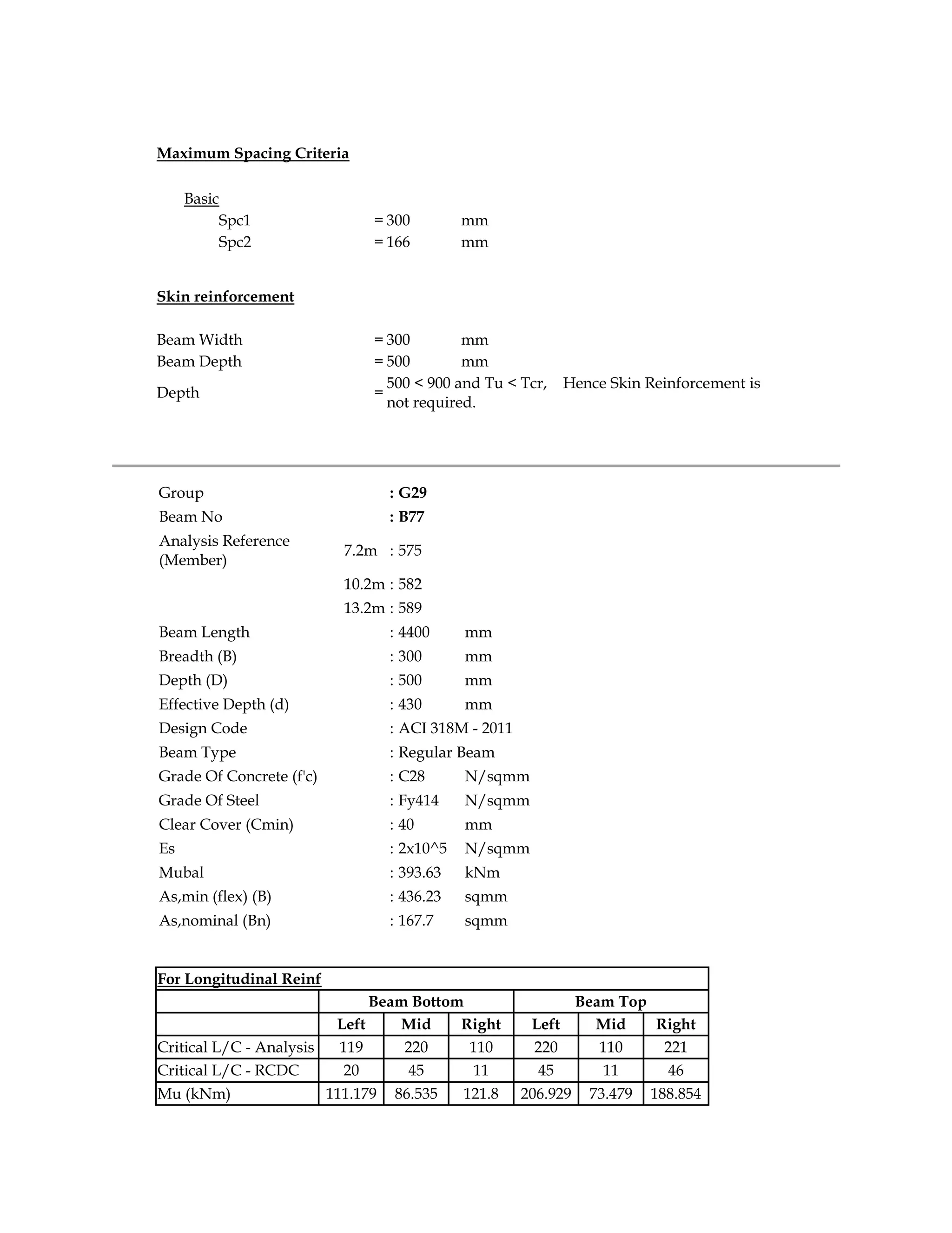Maximum Spacing Criteria
Basic
Spc1 = 300 mm
Spc2 = 166 mm
Skin reinforcement
Beam Width = 300 mm
Beam Depth = 500 mm
Depth =
500 < 900 and Tu < Tcr, Hence Skin Reinforcement is
not required.
Group : G29
Beam No : B77
Analysis Reference
(Member)
7.2m : 575
10.2m : 582
13.2m : 589
Beam Length : 4400 mm
Breadth (B) : 300 mm
Depth (D) : 500 mm
Effective Depth (d) : 430 mm
Design Code : ACI 318M - 2011
Beam Type : Regular Beam
Grade Of Concrete (f'c) : C28 N/sqmm
Grade Of Steel : Fy414 N/sqmm
Clear Cover (Cmin) : 40 mm
Es : 2x10^5 N/sqmm
Mubal : 393.63 kNm
As,min (flex) (B) : 436.23 sqmm
As,nominal (Bn) : 167.7 sqmm
For Longitudinal Reinf
Beam Bottom Beam Top
Left Mid Right Left Mid Right
Critical L/C - Analysis 119 220 110 220 110 221
Critical L/C - RCDC 20 45 11 45 11 46
Mu (kNm) 111.179 86.535 121.8 206.929 73.479 188.854
 