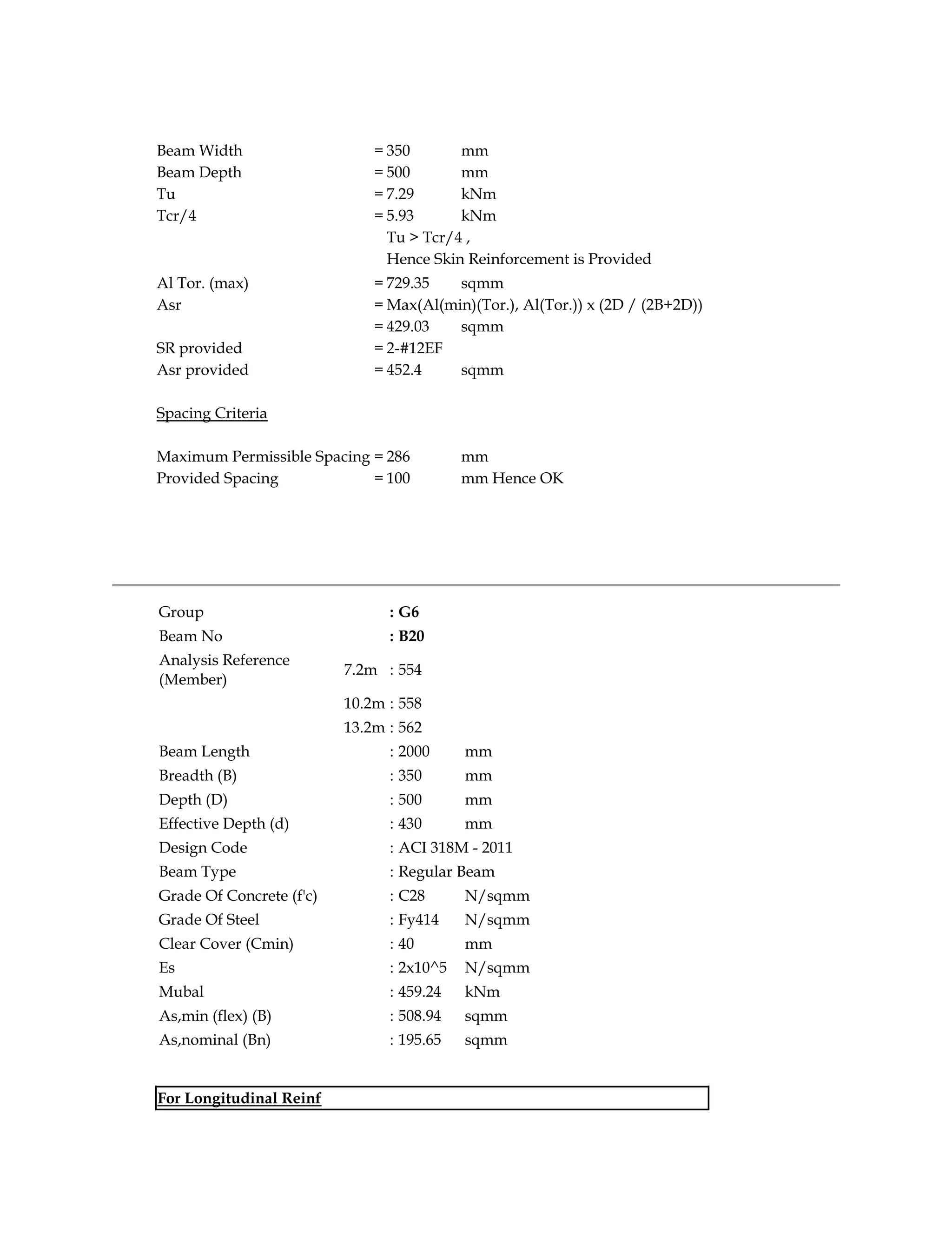 Beam Width = 350 mm
Beam Depth = 500 mm
Tu = 7.29 kNm
Tcr/4 = 5.93 kNm
Tu > Tcr/4 ,
Hence Skin Reinforcement is Provided
Al Tor. (max) = 729.35 sqmm
Asr = Max(Al(min)(Tor.), Al(Tor.)) x (2D / (2B+2D))
= 429.03 sqmm
SR provided = 2-#12EF
Asr provided = 452.4 sqmm
Spacing Criteria
Maximum Permissible Spacing = 286 mm
Provided Spacing = 100 mm Hence OK
Group : G6
Beam No : B20
Analysis Reference
(Member)
7.2m : 554
10.2m : 558
13.2m : 562
Beam Length : 2000 mm
Breadth (B) : 350 mm
Depth (D) : 500 mm
Effective Depth (d) : 430 mm
Design Code : ACI 318M - 2011
Beam Type : Regular Beam
Grade Of Concrete (f'c) : C28 N/sqmm
Grade Of Steel : Fy414 N/sqmm
Clear Cover (Cmin) : 40 mm
Es : 2x10^5 N/sqmm
Mubal : 459.24 kNm
As,min (flex) (B) : 508.94 sqmm
As,nominal (Bn) : 195.65 sqmm
For Longitudinal Reinf
 