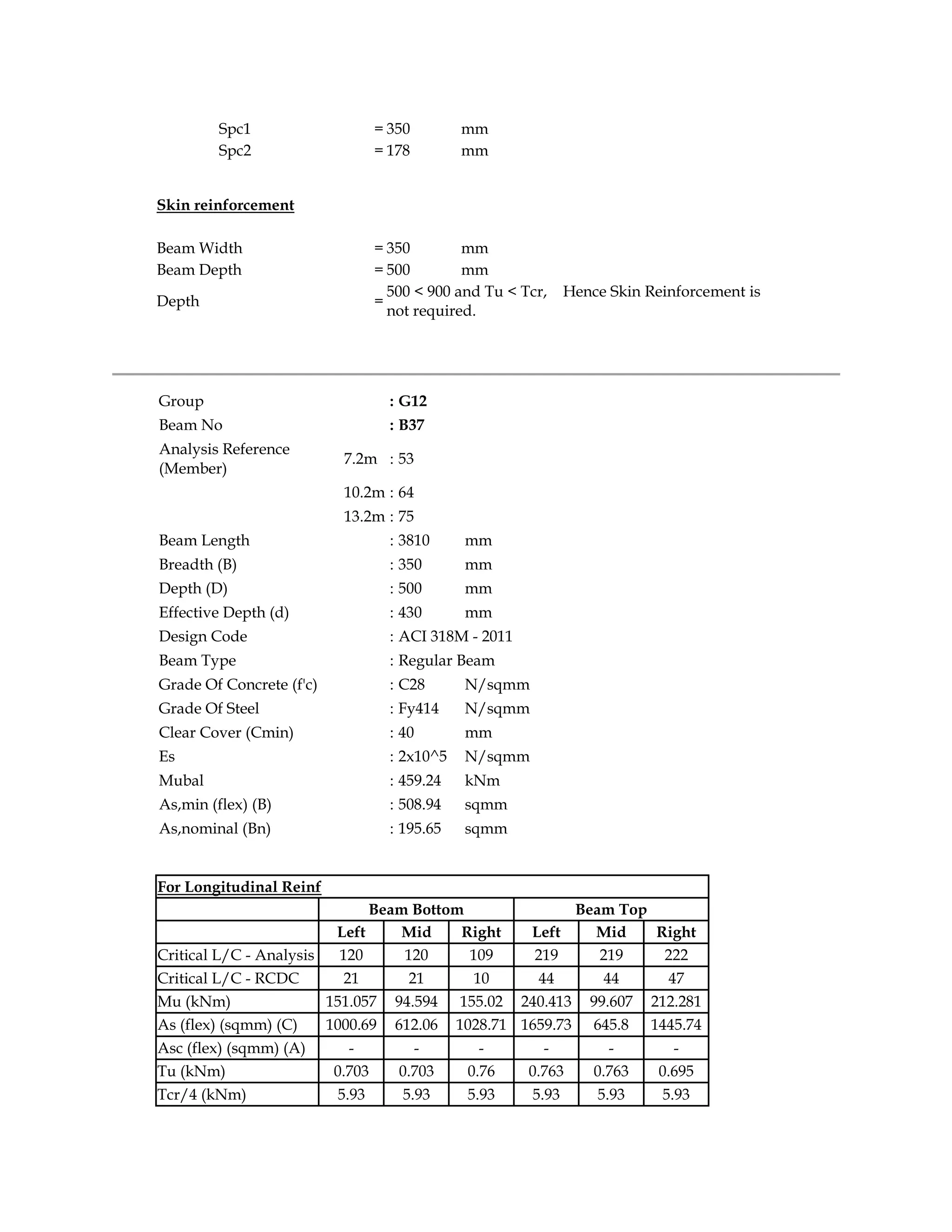 Spc1 = 350 mm
Spc2 = 178 mm
Skin reinforcement
Beam Width = 350 mm
Beam Depth = 500 mm
Depth =
500 < 900 and Tu < Tcr, Hence Skin Reinforcement is
not required.
Group : G12
Beam No : B37
Analysis Reference
(Member)
7.2m : 53
10.2m : 64
13.2m : 75
Beam Length : 3810 mm
Breadth (B) : 350 mm
Depth (D) : 500 mm
Effective Depth (d) : 430 mm
Design Code : ACI 318M - 2011
Beam Type : Regular Beam
Grade Of Concrete (f'c) : C28 N/sqmm
Grade Of Steel : Fy414 N/sqmm
Clear Cover (Cmin) : 40 mm
Es : 2x10^5 N/sqmm
Mubal : 459.24 kNm
As,min (flex) (B) : 508.94 sqmm
As,nominal (Bn) : 195.65 sqmm
For Longitudinal Reinf
Beam Bottom Beam Top
Left Mid Right Left Mid Right
Critical L/C - Analysis 120 120 109 219 219 222
Critical L/C - RCDC 21 21 10 44 44 47
Mu (kNm) 151.057 94.594 155.02 240.413 99.607 212.281
As (flex) (sqmm) (C) 1000.69 612.06 1028.71 1659.73 645.8 1445.74
Asc (flex) (sqmm) (A) - - - - - -
Tu (kNm) 0.703 0.703 0.76 0.763 0.763 0.695
Tcr/4 (kNm) 5.93 5.93 5.93 5.93 5.93 5.93
 