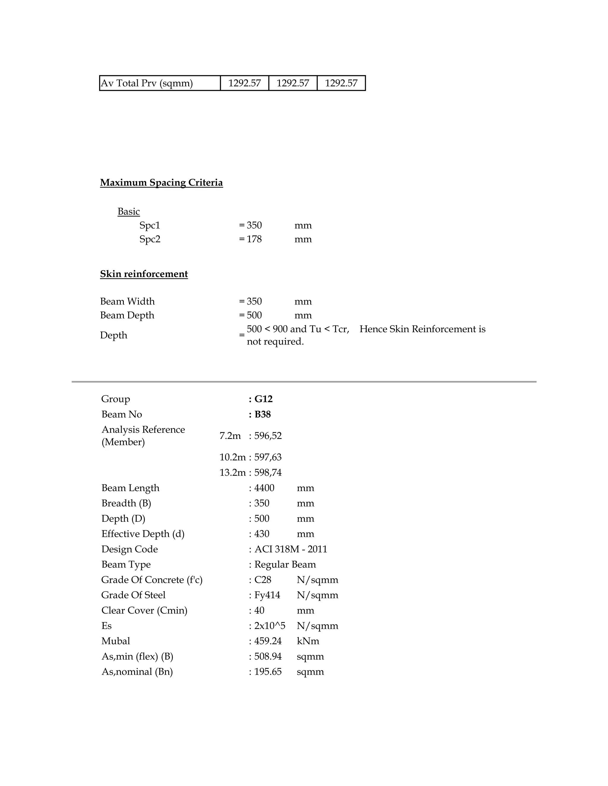 Av Total Prv (sqmm) 1292.57 1292.57 1292.57
Maximum Spacing Criteria
Basic
Spc1 = 350 mm
Spc2 = 178 mm
Skin reinforcement
Beam Width = 350 mm
Beam Depth = 500 mm
Depth =
500 < 900 and Tu < Tcr, Hence Skin Reinforcement is
not required.
Group : G12
Beam No : B38
Analysis Reference
(Member)
7.2m : 596,52
10.2m : 597,63
13.2m : 598,74
Beam Length : 4400 mm
Breadth (B) : 350 mm
Depth (D) : 500 mm
Effective Depth (d) : 430 mm
Design Code : ACI 318M - 2011
Beam Type : Regular Beam
Grade Of Concrete (f'c) : C28 N/sqmm
Grade Of Steel : Fy414 N/sqmm
Clear Cover (Cmin) : 40 mm
Es : 2x10^5 N/sqmm
Mubal : 459.24 kNm
As,min (flex) (B) : 508.94 sqmm
As,nominal (Bn) : 195.65 sqmm
 