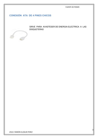 FUENTE DE PODER
3
JESUS RAMON ELIZALDE PEREZ
CONEXIÓN ATA DE 4 PINES CHICOS
SIRVE PARA AVASTESER DE ENERGIA ELECTRICA A LAS
DISQUETERAS
 
