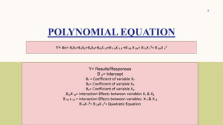 POLYNOMIAL EQUATION
9
Y= Ƀo+ B₁X₁+B₂X₂+B₃X₃+B₁₂X ₁₂+B ₁ ₃X ₁ ₃ +B ₂₃ X ₂₃+ B ₁₁X ₁²+ B ₂₂X ₂²
Y= Results/Responses
B ₀= Intercept
B₁ = Coefficient of variable X₁
B₂= Coefficient of variable X₂
B₃= Coefficient of variable X₃
B₁₂X ₁₂= Interaction Effects between variables X₁ & X₂
B ₁₃ x ₁₃ = Interaction Effects between variables X ₁ & X ₃
B ₁₁X ₁²+ B ₂₂X ₂²= Quadratic Equation
 