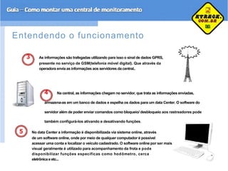 Entendendo o funcionamento
3 As informações são trafegadas utilizando para isso o sinal de dados GPRS,
presente no serviço de GSM(telefonia móvel digital). Que através da
operadora envia as informações aos servidores da central..
4 Na central, as informações chegam no servidor, que trata as informações enviadas,
armazena-as em um banco de dados e espelha os dados para um data Center. O software do
servidor além de poder enviar comandos como bloqueio/ desbloqueio aos rastreadores pode
também configurá-los ativando e desativando funções.
5 No data Center a informação é disponibilizada via sistema online, através
de um software online, onde por meio de qualquer computador é possível
acessar uma conta e localizar o veículo cadastrado. O software online por ser mais
visual geralmente é utilizado para acompanhamento da frota e pode
disponibilizar funções específicas como hodômetro, cerca
eletrônica e etc...
 