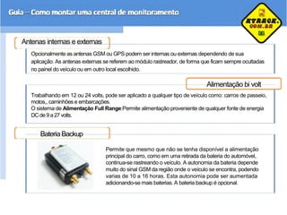 Antenas internas e externas
Opcionalmente as antenas GSM ou GPS podem ser internas ou externas dependendo de sua
aplicação. As antenas externas se referem ao módulo rastreador, de forma que ficam sempre ocultadas
no painel do veículo ou em outro local escolhido.
Alimentação bi volt
Trabalhando em 12 ou 24 volts, pode ser aplicado a qualquer tipo de veículo como: carros de passeio,
motos,, caminhões e embarcações.
O sistema de Alimentação Full Range:Permite alimentação proveniente de qualquer fonte de energia
DC de 9 a 27 volts.
Bateria Backup
Permite que mesmo que não se tenha disponível a alimentação
principal do carro, como em uma retirada da bateria do automóvel,
continua-se rastreando o veículo. A autonomia da bateria depende
muito do sinal GSM da região onde o veículo se encontra, podendo
varias de 10 a 16 horas. Esta autonomia pode ser aumentada
adicionando-se mais baterias. A bateria backup é opcional.
 