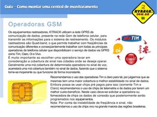 Operadoras GSM
Os equipamentos rastreadores, KTRACK utilizam a rede GPRS de
comunicação de dados, presente na rede Gsm de telefonia celular, para
transmitir as informações para o sistema de rastreamento. Os módulos
rastreadores são Quad-band, o que permite trabalhar com freqüências de
comunicação diferentes e conseqüentemente trabalhar com todas as principais
operadoras de telefonia celular que disponibilizam o serviço de dados via GPRS
como Tim, Claro, Oi e Vivo.
È muito importante ao escolher uma operadora levar em
consideração a cobertura de sinal nas cidades onde se deseja operar.
Geralmente uma má cobertura de determinada operadora no sinal de voz,
acarretará uma má cobertura também no sinal de dados, fazendo que o sistema
torne-se inoperante ou que funcione de forma inconstante.
Recomendamos o uso das operadoras Tim e claro para tal, por julgarmos que as
mesmas tem uma maior cobertura e melhor estabilidade no sinal de dados.
Embora possa se usar chips pré pagos para isso (somente Tim e
Claro) recomendamos o uso de chips de telemetria e de dados por terem um
melhor custo-benefício. Neste caso deve-se solicitar a operadora ou
fornecedora de chips os dados de conexão que posteriormente serão
programados nos equipamentos.
Nota: Por conta da instabilidade de freqüência e sinal, não
recomendamos o uso de chips vivo na grande maioria das regiões brasileiras.
 