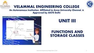 VELAMMAL ENGINEERING COLLEGE
An Autonomous Institution, Affiliated to Anna University Chennai, &
Approved by AICTE Delhi
UNIT III
FUNCTIONS AND
STORAGE CLASSES
1
Velammal Engineering college/Dept. of CSE
 