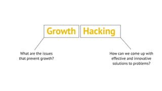 Growth Hacking
What are the issues
that prevent growth?
How can we come up with
effective and innovative
solutions to problems?
 