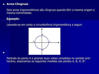 Partindo do ponto A e girando duas voltas completas no sentido anti-horário, associamos as seguintes medidas aos pontos A, B, A’, B’:   