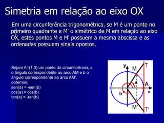 Simetria em relação ao eixo OY Seja M um ponto da circunferência trigonométrica localizado no primeiro quadrante, e seja M' simétrico a M em relação ao eixo OY, estes pontos M e M' possuem a mesma ordenada e as abscissa são simétricas.Sejam A=(1,0) um ponto da circunferência, a o ângulo correspondente ao arco AM e b o ângulo correspondente ao arco AM'. Desse modo:sen(a) = sen(b)cos(a) = -cos(b)tan(a) = -tan(b)