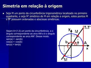 Senos e cossenos de alguns ângulos notáveis      Uma maneira de obter o valor do seno e cosseno de alguns ângulos que aparecem com muita frequência em exercícios e aplicações, sem necessidade de memorização, é através de simples observação no círculo trigonométrico.