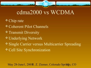 May 28-June1, 2001R. Z. Ziemer, Colorado Springs, CO19
cdma2000 vs WCDMA
 Chip rate
 Coherent Pilot Channels
 Transmit Diversity
 Underlying Network
 Single Carrier versus Multicarrier Spreading
 Cell Site Synchronization
 