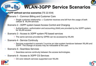 WLAN-3GPP Service Scenarios
• 3GPP defined service scenarios [TS 22.934]
• Scenario 1 - Common Billing and Customer Care
         • Single customer relationship ⇒ Customer receives one bill from the usage of both
           cellular & WLAN services
• Scenario 2 - 3GPP system based Access Control and Charging
         • Authentication, authorization and accounting (AAA) are provided by the 3GPP system,
           for WLAN access
• Scenario 3 - Access to 3GPP system PS based services
         • The same services provided by GPRS can be accessed by WLAN
• Scenario 4 - Service Continuity
         • Services supported in scenario 3 survive an inter-system handover between WLAN and
           3GPP. The change of access may be noticeable to the user.
• Scenario 5 - Seamless Services
         • Seamless service continuity between the access technologies.
• Scenario 6 - Access to 3GPP CS Services
         • CS core network services supported over WLAN
 