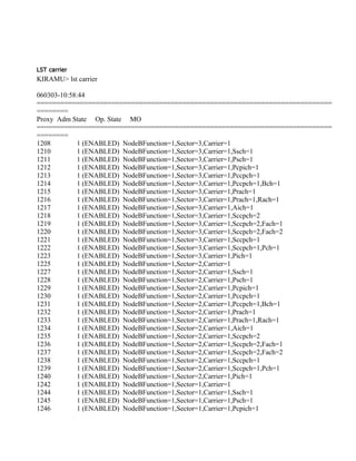 LST carrier
KIRAMU> lst carrier
060303-10:58:44
===========================================================================
========
Proxy Adm State Op. State MO
===========================================================================
========
1208 1 (ENABLED) NodeBFunction=1,Sector=3,Carrier=1
1210 1 (ENABLED) NodeBFunction=1,Sector=3,Carrier=1,Ssch=1
1211 1 (ENABLED) NodeBFunction=1,Sector=3,Carrier=1,Psch=1
1212 1 (ENABLED) NodeBFunction=1,Sector=3,Carrier=1,Pcpich=1
1213 1 (ENABLED) NodeBFunction=1,Sector=3,Carrier=1,Pccpch=1
1214 1 (ENABLED) NodeBFunction=1,Sector=3,Carrier=1,Pccpch=1,Bch=1
1215 1 (ENABLED) NodeBFunction=1,Sector=3,Carrier=1,Prach=1
1216 1 (ENABLED) NodeBFunction=1,Sector=3,Carrier=1,Prach=1,Rach=1
1217 1 (ENABLED) NodeBFunction=1,Sector=3,Carrier=1,Aich=1
1218 1 (ENABLED) NodeBFunction=1,Sector=3,Carrier=1,Sccpch=2
1219 1 (ENABLED) NodeBFunction=1,Sector=3,Carrier=1,Sccpch=2,Fach=1
1220 1 (ENABLED) NodeBFunction=1,Sector=3,Carrier=1,Sccpch=2,Fach=2
1221 1 (ENABLED) NodeBFunction=1,Sector=3,Carrier=1,Sccpch=1
1222 1 (ENABLED) NodeBFunction=1,Sector=3,Carrier=1,Sccpch=1,Pch=1
1223 1 (ENABLED) NodeBFunction=1,Sector=3,Carrier=1,Pich=1
1225 1 (ENABLED) NodeBFunction=1,Sector=2,Carrier=1
1227 1 (ENABLED) NodeBFunction=1,Sector=2,Carrier=1,Ssch=1
1228 1 (ENABLED) NodeBFunction=1,Sector=2,Carrier=1,Psch=1
1229 1 (ENABLED) NodeBFunction=1,Sector=2,Carrier=1,Pcpich=1
1230 1 (ENABLED) NodeBFunction=1,Sector=2,Carrier=1,Pccpch=1
1231 1 (ENABLED) NodeBFunction=1,Sector=2,Carrier=1,Pccpch=1,Bch=1
1232 1 (ENABLED) NodeBFunction=1,Sector=2,Carrier=1,Prach=1
1233 1 (ENABLED) NodeBFunction=1,Sector=2,Carrier=1,Prach=1,Rach=1
1234 1 (ENABLED) NodeBFunction=1,Sector=2,Carrier=1,Aich=1
1235 1 (ENABLED) NodeBFunction=1,Sector=2,Carrier=1,Sccpch=2
1236 1 (ENABLED) NodeBFunction=1,Sector=2,Carrier=1,Sccpch=2,Fach=1
1237 1 (ENABLED) NodeBFunction=1,Sector=2,Carrier=1,Sccpch=2,Fach=2
1238 1 (ENABLED) NodeBFunction=1,Sector=2,Carrier=1,Sccpch=1
1239 1 (ENABLED) NodeBFunction=1,Sector=2,Carrier=1,Sccpch=1,Pch=1
1240 1 (ENABLED) NodeBFunction=1,Sector=2,Carrier=1,Pich=1
1242 1 (ENABLED) NodeBFunction=1,Sector=1,Carrier=1
1244 1 (ENABLED) NodeBFunction=1,Sector=1,Carrier=1,Ssch=1
1245 1 (ENABLED) NodeBFunction=1,Sector=1,Carrier=1,Psch=1
1246 1 (ENABLED) NodeBFunction=1,Sector=1,Carrier=1,Pcpich=1
 