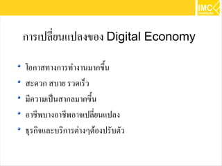 การเปลี่ยนแปลงของ Digital Economy

โอกาสทางการทำงานมากขึ้น
สะดวก สบาย รวดเร็ว
มีความเป็นสากลมากขึ้น
อาชีพบางอาชีพอาจเปลี่ยนแปลง
ธุรกิจและบริการต่างๆต้องปรับตัว

                                    32
 
