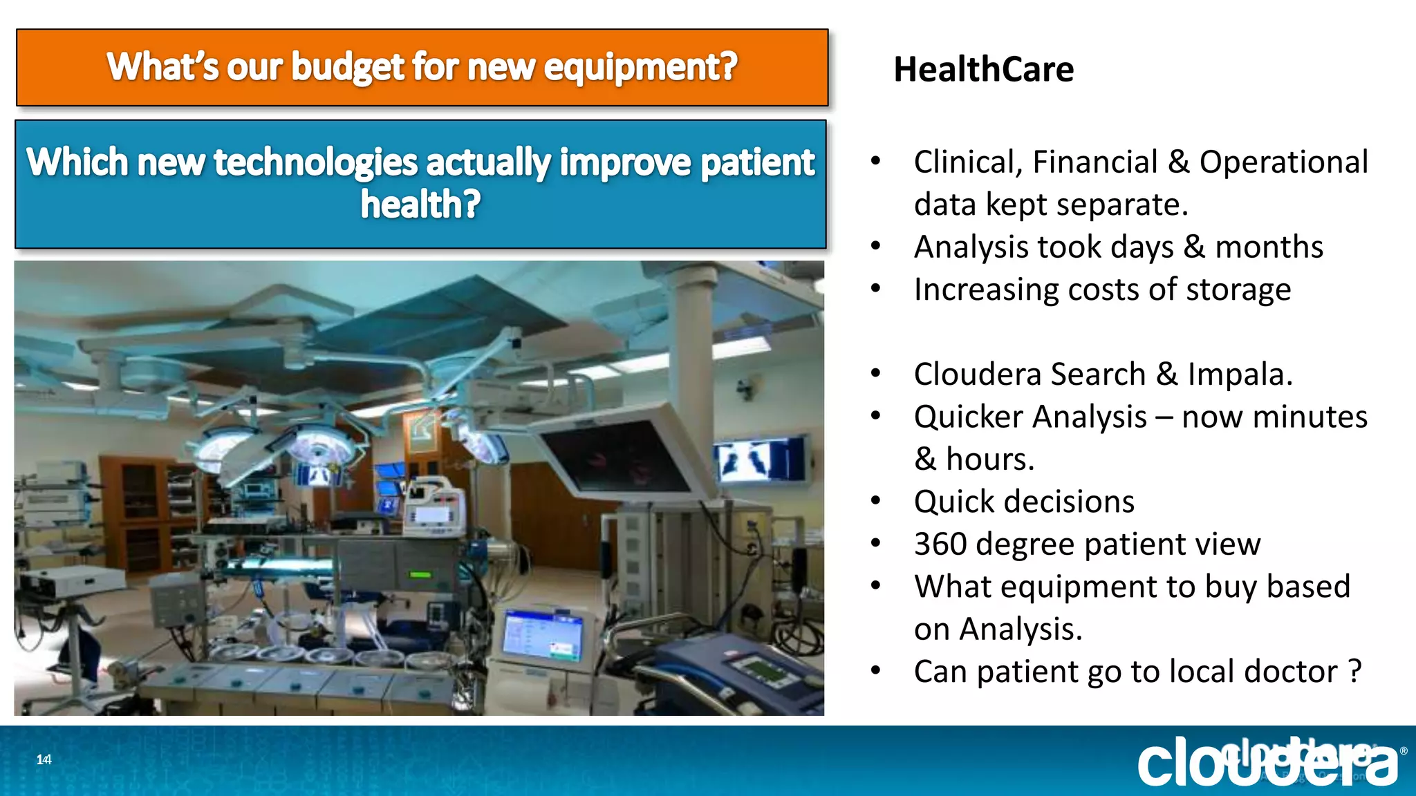 1414
HealthCare
• Clinical, Financial & Operational
data kept separate.
• Analysis took days & months
• Increasing costs of storage
• Cloudera Search & Impala.
• Quicker Analysis – now minutes
& hours.
• Quick decisions
• 360 degree patient view
• What equipment to buy based
on Analysis.
• Can patient go to local doctor ?
 