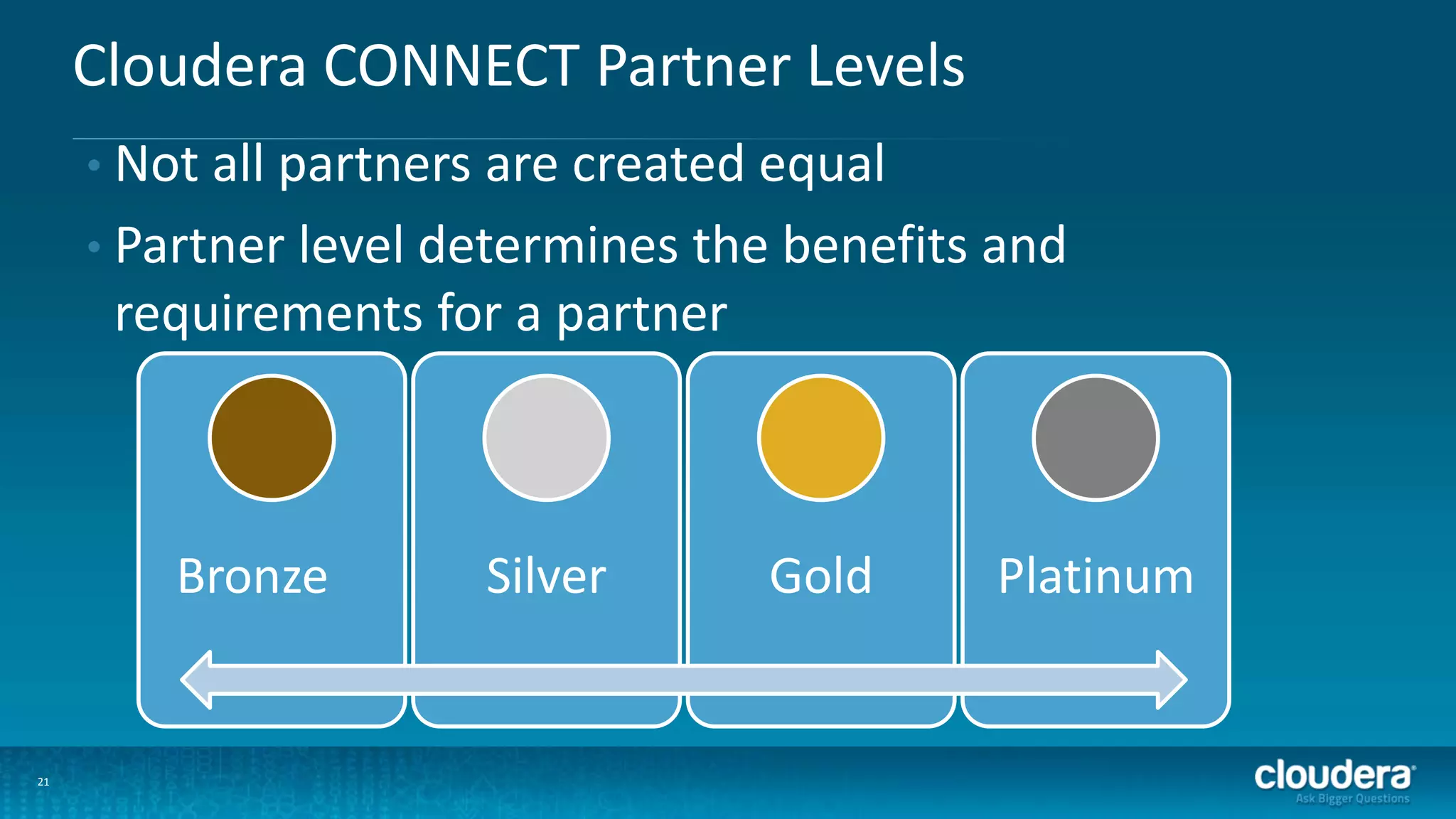 21
Cloudera CONNECT Partner Levels
• Not all partners are created equal
• Partner level determines the benefits and
requirements for a partner
Bronze Silver Gold Platinum
 