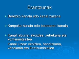 Erantzunak Berezko kanala edo kanal zuzena Kanpoko kanala edo bestearen kanala Kanal laburra: ekoizlea, xehekaria eta  kontsumitzailea Kanal luzea: ekoizlea, handizkaria, xehekaria eta kontsumitzailea 