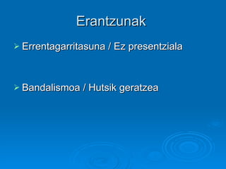 Erantzunak  Errentagarritasuna / Ez presentziala Bandalismoa / Hutsik geratzea 