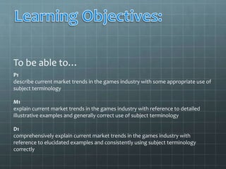 To be able to… 
P1 
describe current market trends in the games industry with some appropriate use of 
subject terminology 
M1 
explain current market trends in the games industry with reference to detailed 
illustrative examples and generally correct use of subject terminology 
D1 
comprehensively explain current market trends in the games industry with 
reference to elucidated examples and consistently using subject terminology 
correctly 
 