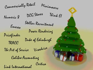 Numeric 8
Power Rendering

Pricefinder
TRACC

Duke of Edinburgh

The Art of Service
Calibre Accounting
Certica
Link International

 