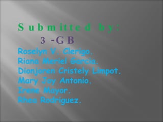 Submitted by: 3-GB Roselyn V. Clerigo. Riana Meriel Garcia. Dionjoren Cristely Limpot. Mary Joy Antonio. Irene Mayor. Rhea Rodriguez. 