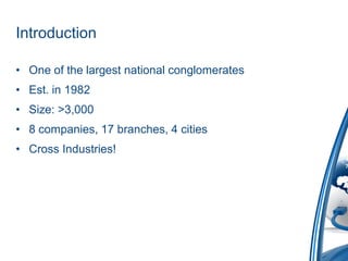 Introduction

• One of the largest national conglomerates
• Est. in 1982
• Size: >3,000
• 8 companies, 17 branches, 4 cities
• Cross Industries!
 