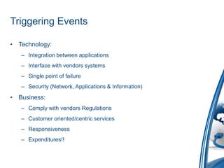 Triggering Events

•   Technology:
    – Integration between applications
    – Interface with vendors systems
    – Single point of failure
    – Security (Network, Applications & Information)
•   Business:
    – Comply with vendors Regulations
    – Customer oriented/centric services
    – Responsiveness
    – Expenditures!!
 
