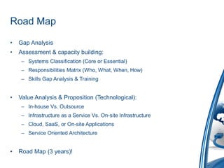 Road Map

•   Gap Analysis
•   Assessment & capacity building:
     – Systems Classification (Core or Essential)
     – Responsibilities Matrix (Who, What, When, How)
     – Skills Gap Analysis & Training


•   Value Analysis & Proposition (Technological):
     – In-house Vs. Outsource
     – Infrastructure as a Service Vs. On-site Infrastructure
     – Cloud, SaaS, or On-site Applications
     – Service Oriented Architecture


•   Road Map (3 years)!
 