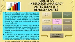 ¿QUÉ ES LA
INTERDISCIPLINARIDAD?
ANTECEDENTES Y
REPRESENTANTES
• El origen etimológico emana del latín, pues se
encuentra conformada por varios componentes
léxicos de dicha lengua: el prefijo “inter“, que es
sinónimo de “entre”; el vocablo disciplina, que
puede traducirse como “disciplina”; y finalmente
el sufijo “ario”, que viene a indicar pertenencia o
bien procedencia.
• Interdisciplinario es un adjetivo que refiere a
aquello que involucra a varias disciplinas que se
suele aplicarse a actividades, investigaciones y
estudios donde cooperan expertos en distintas
temáticas.
• La disciplina es el método, la guía o el saber de
una persona, sobre todo en lo referente a
cuestiones morales. El concepto también se
utiliza para referirse a una rama científica o
artística. La disciplina, por otra parte, puede ser
Sócrates
Platón
Bacon
Louis Wirth.
1937.
Nikolaevitch
Smirnov
Géza Róheim
Georges
Devereux
Jean Piaget
Theodoro Adorno Edgar Morin John Dewey
ESCUELA DE
FRANKFURT
 