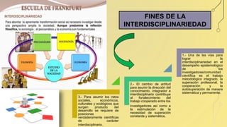 FINES DE LA
INTERDISCIPLINARIEDAD
3.- Para asumir los retos
sociales, económicos,
culturales y ecológicos que
surgen producto del
desarrollo se requiere de
posiciones
verdaderamente científicas
de carácter
interdisciplinario.
2.- El cambio de actitud
para asumir la dirección del
conocimiento, integrador e
interdisciplinario contribuye
al fortalecimiento del
trabajo cooperado entre los
investigadores así como a
la estimulación de la
necesidad de superación
constante y sistemática.
1.- Una de las vías para
lograr la
interdisciplinariedad en el
desempeño epistemológico
de los
investigadores/comunidad
científica es el trabajo
metodológico integrado, la
superación profesional, la
cooperación y la
autosuperación de manera
sistemática y permanente.
 