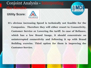 Conjoint Analysis - Interpreting the Results Utility Score : Utility (Vodafone) + Utility (Customer Service) + Utility (Connectivity) + Utility (Tariff) + Utility (Speed)= (-.566)+(-1.156)+(2.102)+(-3.033)+(3.225)=0.5721= .3282=-1.156 Reliance 0.572Reliance is at a very precarious situation, it can compete only if,Improve Brand Image & Customer service OR Lowering the tariff from 1500-1799/- to 1000-1499/- and improving the speed beyond 5 Mbps5=3.223= 2.1024=-3.03