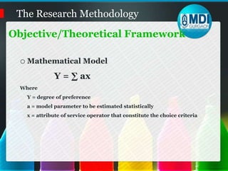 Business ModelRoad Map of our  marketing researchA review of trade articles related to 3G and secondary data from IMRB, Neilson were used in further understanding the market.An exploratory research was conducted among the students of  MDI to find out the variables that plays important role in deciding the price.After zeroing down on variables, another pilot study was conducted among the student community to determine the relative importance consumer attach to these variables.Stimuli : Combination of attribute levelsRespondents : Evaluation of attributes in terms of desirability