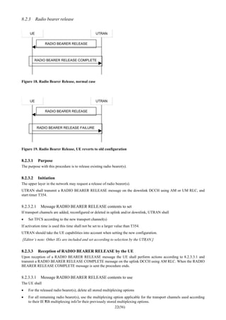 22(56)
8.2.3 Radio bearer release
UE UTRAN
RADIO BEARER RELEASE
RADIO BEARER RELEASE COMPLETE
Figure 18. Radio Bearer Release, normal case
UE UTRAN
RADIO BEARER RELEASE
RADIO BEARER RELEASE FAILURE
Figure 19. Radio Bearer Release, UE reverts to old configuration
8.2.3.1 Purpose
The purpose with this procedure is to release existing radio bearer(s).
8.2.3.2 Initiation
The upper layer in the network may request a release of radio bearer(s).
UTRAN shall transmit a RADIO BEARER RELEASE message on the downlink DCCH using AM or UM RLC, and
start timer T354.
8.2.3.2.1 Message RADIO BEARER RELEASE contents to set
If transport channels are added, reconfigured or deleted in uplink and/or downlink, UTRAN shall
• Set TFCS according to the new transport channel(s)
If activation time is used this time shall not be set to a larger value than T354.
UTRAN should take the UE capabilities into account when setting the new configuration.
[Editor’s note: Other IEs are included and set according to selection by the UTRAN.]
8.2.3.3 Reception of RADIO BEARER RELEASE by the UE
Upon reception of a RADIO BEARER RELEASE message the UE shall perform actions according to 8.2.3.3.1 and
transmit a RADIO BEARER RELEASE COMPLETE message on the uplink DCCH using AM RLC. When the RADIO
BEARER RELEASE COMPLETE message is sent the procedure ends.
8.2.3.3.1 Message RADIO BEARER RELEASE contents to use
The UE shall
• For the released radio bearer(s), delete all stored multiplexing options
• For all remaining radio bearer(s), use the multiplexing option applicable for the transport channels used according
to their IE “RB multiplexing info”or their previously stored multiplexing options.
 