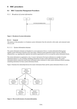 3(56)
8 RRC procedures
8.1 RRC Connection Management Procedures
8.1.1 Broadcast of system information
UE UTRAN
SYSTEM INFORMATION
Figure 1. Broadcast of system information
8.1.1.1 General
The purpose of this procedure is to broadcast system information from the network to idle mode- and connected mode
UEs in a cell.
8.1.1.1.1 System information structure
The system information elements are broadcast in system information blocks. A system information block groups
together system information elements of the same nature. Different system information blocks may have different
characteristics, e.g. regarding their repetition rate and the requirements on UEs to re-read the system information blocks.
The system information is organised as a tree. A master information block gives references to a number of system
information blocks in a cell, including scheduling information for those system information blocks. The system
information blocks contain the actual system information and/or references to other system information blocks including
scheduling information for those system information blocks.
Figure 2 illustrates the relationship between the master information block and the system information blocks in a cell.
…
Master
information
block
System
information
block 1
System
information
block 2
System
information
block n
…
System
information
block 2.1
System
information
block 2.m
Figure 2. The overall structure of system information.
 